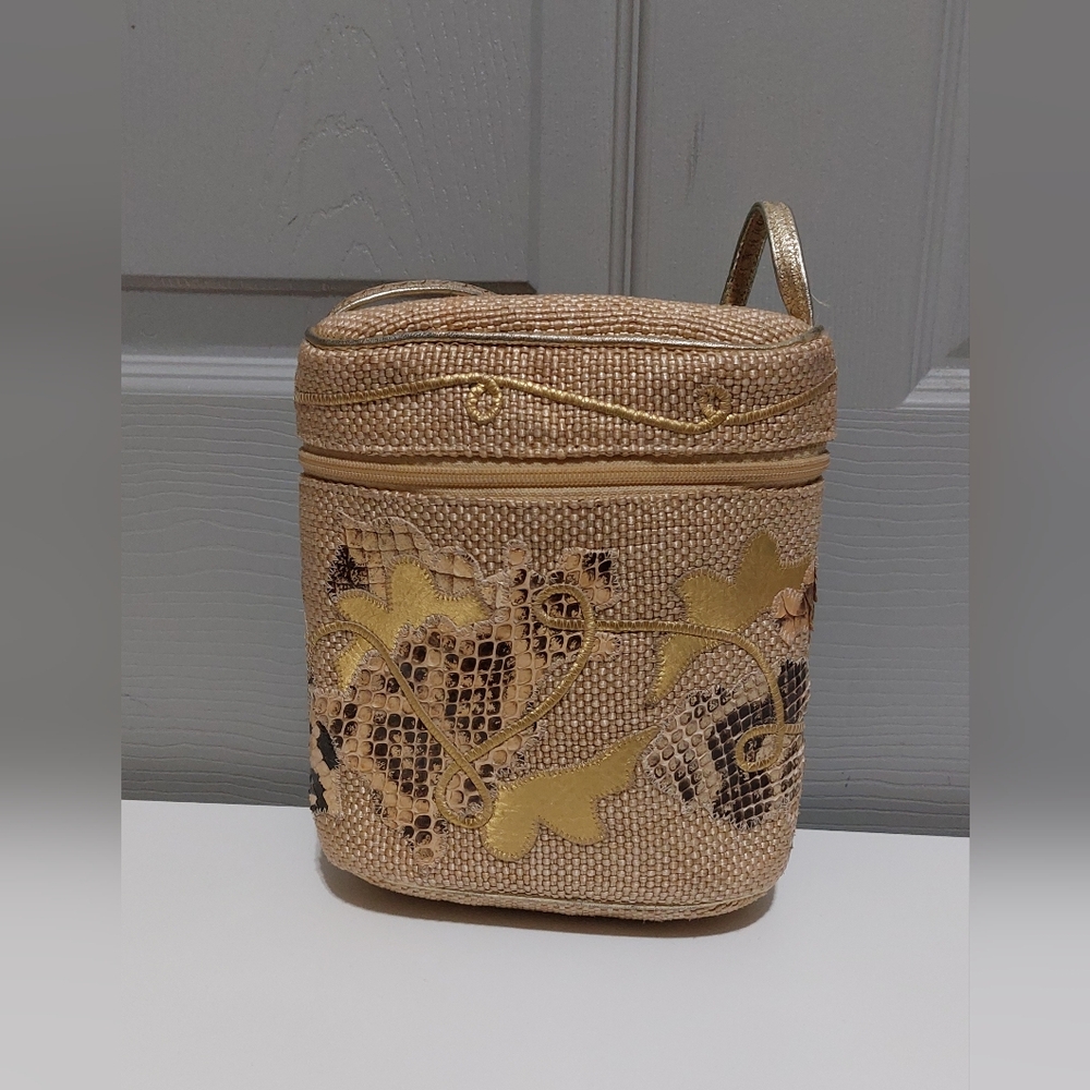 Vintage Carlos Falchi Small Woven Bucket Bag with Snakeskin Detail
